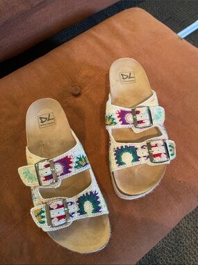 Dirty Laundry Crochet Double-Buckle Sandals in Cream with Multicolor Accents